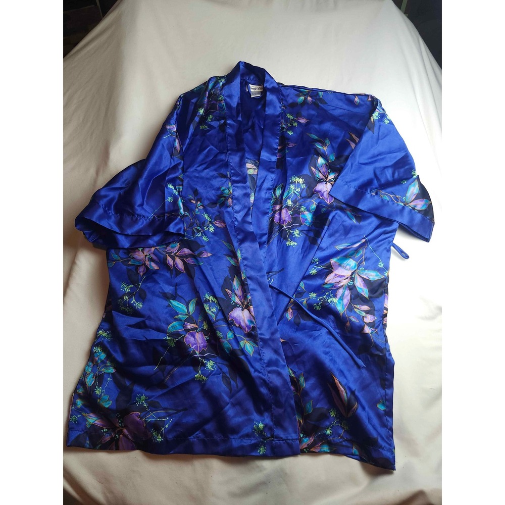 Vanity Fair Blue Floral Satin Robe XL Short Sleeve Kimono Sleepwear